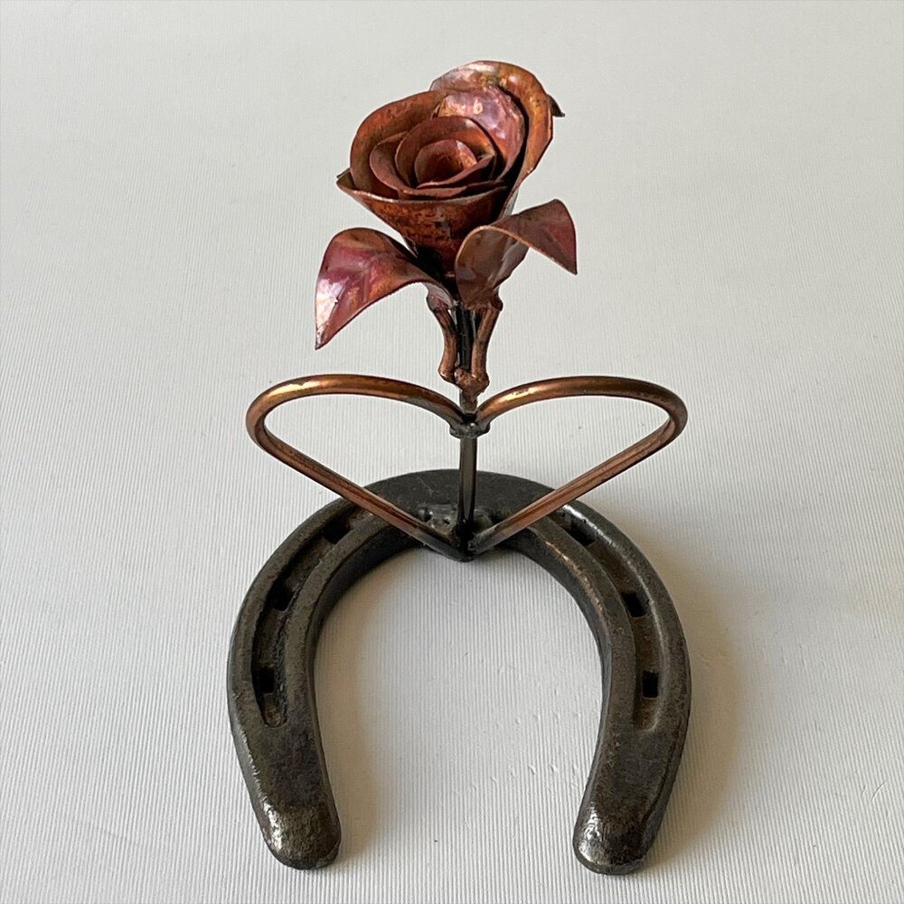 RARE Handmade Copper Rose on Horseshoe Base w/ Heart Shape Rustic Metal Art